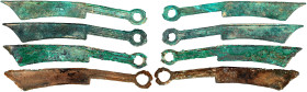 CHINA und Südostasien

China

Chou-Dynastie 1122-255 v. Chr.

4 Stück: Messergeld, Typ 'Pointed tip' 600-400 v. Chr mit Bi, Yu (Fisch) und unged...