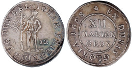 Altdeutsche Münzen und Medaillen

Braunschweig-Calenberg-Hannover

Johann Friedrich, 1665-1679

12 Mariengroschen 1668, Zellerfeld. Wilder Mann....