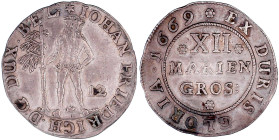 Altdeutsche Münzen und Medaillen

Braunschweig-Calenberg-Hannover

Johann Friedrich, 1665-1679

12 Mariengroschen 1669, Zellerfeld. Wilder Mann....