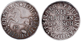 Altdeutsche Münzen und Medaillen

Braunschweig-Calenberg-Hannover

Johann Friedrich, 1665-1679

XII Mariengroschen 1669, Clausthal. Springendes ...