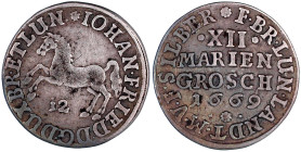 Altdeutsche Münzen und Medaillen

Braunschweig-Calenberg-Hannover

Johann Friedrich, 1665-1679

XII Mariengroschen 1669, Clausthal. Springendes ...