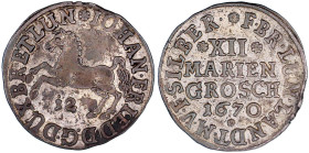 Altdeutsche Münzen und Medaillen

Braunschweig-Calenberg-Hannover

Johann Friedrich, 1665-1679

XII Mariengroschen 1670, Clausthal. Springendes ...