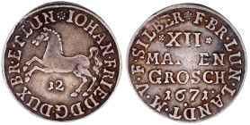 Altdeutsche Münzen und Medaillen

Braunschweig-Calenberg-Hannover

Johann Friedrich, 1665-1679

XII Mariengroschen 1671, Clausthal. Springendes ...