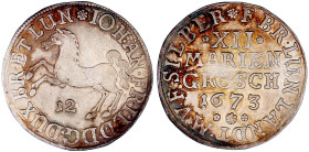 Altdeutsche Münzen und Medaillen

Braunschweig-Calenberg-Hannover

Johann Friedrich, 1665-1679

XII Mariengroschen 1673, Clausthal. Springendes ...