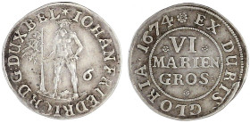 Altdeutsche Münzen und Medaillen

Braunschweig-Calenberg-Hannover

Johann Friedrich, 1665-1679

VI Mariengroschen 1674, Zellerfeld. Wilder Mann....