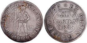 Altdeutsche Münzen und Medaillen

Braunschweig-Calenberg-Hannover

Johann Friedrich, 1665-1679

12 Mariengroschen 1675, Zellerfeld. Wilder Mann....