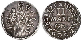 Altdeutsche Münzen und Medaillen

Braunschweig-Calenberg-Hannover

Johann Friedrich, 1665-1679

II Mariengroschen 1676, Zellerfeld. Madonna mit ...