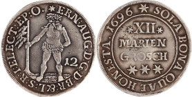 Altdeutsche Münzen und Medaillen

Braunschweig-Calenberg-Hannover

Ernst August, 1679-1698

XII Mariengroschen 1696 ***, Zellerfeld. Wilder Mann...