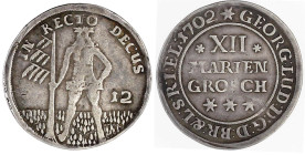 Altdeutsche Münzen und Medaillen

Braunschweig-Calenberg-Hannover

Georg Ludwig, 1698-1714

XII Mariengroschen 1702 ***, Zellerfeld. Wilder Mann...