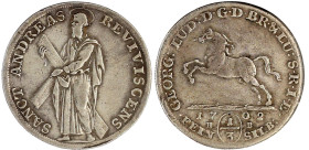 Altdeutsche Münzen und Medaillen

Braunschweig-Calenberg-Hannover

Georg Ludwig, 1698-1714

1/3 Ausbeutetaler Feinsilber 1702 HB, Clausthal. Aus...