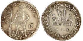 Altdeutsche Münzen und Medaillen

Braunschweig-Calenberg-Hannover

Georg Ludwig, 1698-1714

VI Mariengroschen 1708 ***, Zellerfeld. Wilder Mann....