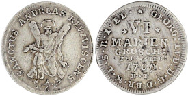 Altdeutsche Münzen und Medaillen

Braunschweig-Calenberg-Hannover

Georg Ludwig, 1698-1714

VI Ausbeute-Mariengroschen 1709 ***, Clausthal. Ausb...