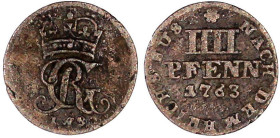 Altdeutsche Münzen und Medaillen

Braunschweig-Calenberg-Hannover

Georg III., 1760-1820

IIII Pfenning Landmünze 1763 IWS, Clausthal. Gekr. Mon...