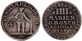 Altdeutsche Münzen und Medaillen

Braunschweig-Wolfenbüttel

Karl I., 1735-1780

IIII Mariengroschen Feinsilber 1764 IAP, Zellerfeld. Wilder Man...