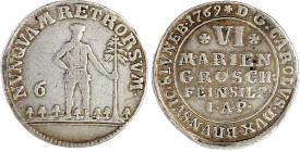 Altdeutsche Münzen und Medaillen

Braunschweig-Wolfenbüttel

Karl I., 1735-1780

VI Mariengroschen Feinsilber 1769 IAP, Zellerfeld. Wilder Mann....