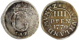 Altdeutsche Münzen und Medaillen

Braunschweig-Wolfenbüttel

Karl I., 1735-1780

IIII Pfenning Landmünze 1770 IAP, Braunschweig. Gekröntes Monog...