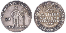 Altdeutsche Münzen und Medaillen

Braunschweig-Wolfenbüttel

Karl I., 1735-1780

24 Mariengroschen 1771 I.A.P., Zellerfeld. Wilder Mann. sehr sc...