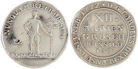 Altdeutsche Münzen und Medaillen

Braunschweig-Wolfenbüttel

Karl I., 1735-1780

XII Mariengroschen Feinsilber 1772 IAP, Zellerfeld. Wilder Mann...