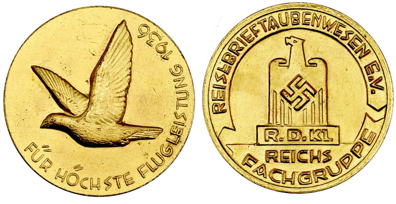 Medaillen

Drittes Reich

Vergoldete Bronzemedaille Reisebrieftaubenwesen, f...