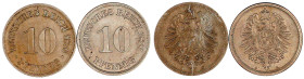 Reichskleinmünzen

10 Pfennig kleiner Adler, Kupfer/Nickel 1873-1889

2 Stück: 1876 A und D. fast Stempelglanz und vorzüglich. Jaeger 4.