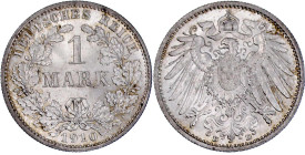 Reichskleinmünzen

1 Mark großer Adler, Silber 1891-1916

1910 D. Stempelglanz. Jaeger 17.