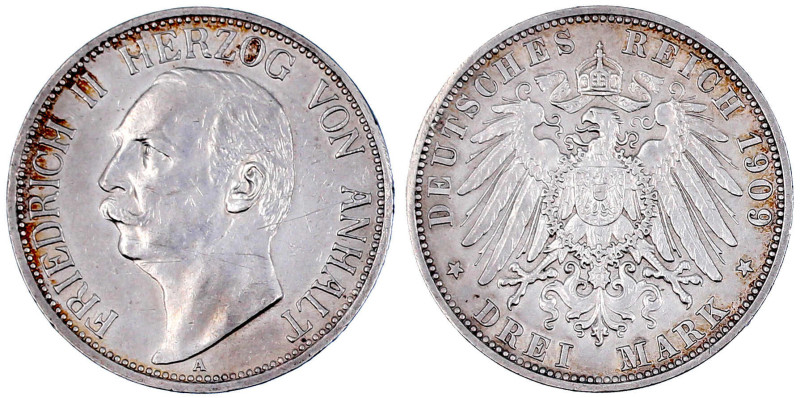 Reichssilbermünzen J. 19-178

Anhalt

Friedrich II., 1904-1918

3 Mark 190...
