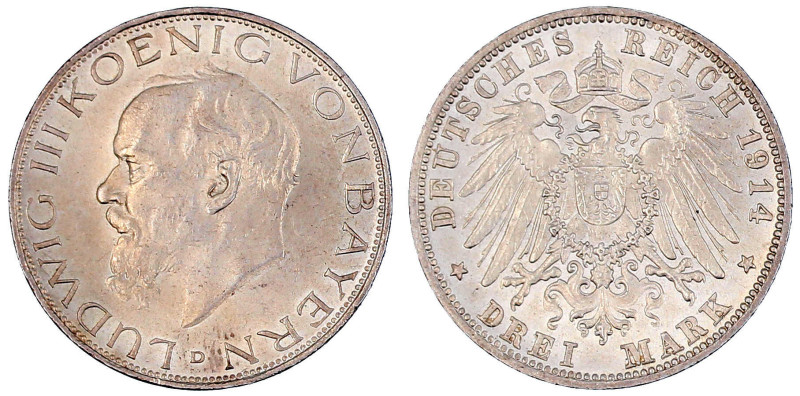 Reichssilbermünzen J. 19-178

Bayern

Ludwig III., 1913-1918

3 Mark 1914 ...