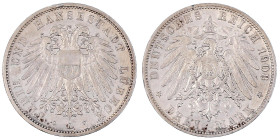 Reichssilbermünzen J. 19-178

Lübeck

3 Mark 1908 A. sehr schön/vorzüglich, Randfehler. Jaeger 82.