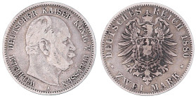 Reichssilbermünzen J. 19-178

Preußen

Wilhelm I., 1861-1888

2 Mark 1880 A. Seltenes Jahr. fast sehr schön. Jaeger 96.
