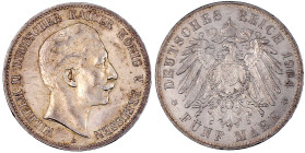 Reichssilbermünzen J. 19-178

Preußen

Wilhelm II., 1888-1918

5 Mark 1904 A. Avers vorzüglich, kl. Kratzer/Revers fast Stempelglanz. Jaeger 104...