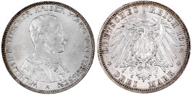 Reichssilbermünzen J. 19-178

Preußen

Wilhelm II., 1888-1918

3 Mark 1914 A. Uniform. prägefrisch/fast Stempelglanz. Jaeger 113.