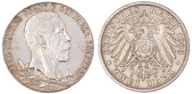 Reichssilbermünzen J. 19-178

Schwarzburg-Sondershausen

Karl Günther, 1880-1909

2 Mark 1905. 25 jähr. Regierungsj., schmaler Randstab. gutes v...