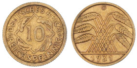 Weimarer Republik

Kursmünzen

10 Reichspfennig, messingfarben 1924-1936

1931 G. gutes sehr schön, selten. Jaeger 317.