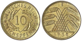 Weimarer Republik

Kursmünzen

10 Reichspfennig, messingfarben 1924-1936

1932 E. Stempelglanz. Jaeger 317.