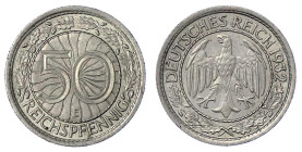 Weimarer Republik

Kursmünzen

50 Reichspfennig, Nickel 1927-1938

1932 E. Mit ca. 320° Stempeldrehung. vorzüglich/Stempelglanz. Jaeger 324.