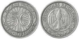 Weimarer Republik

Kursmünzen

50 Reichspfennig, Nickel 1927-1938

1933 J. sehr schön. Jaeger 324.