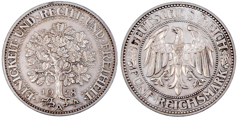 Weimarer Republik

Kursmünzen

5 Reichsmark Eichbaum Silber 1927-1933

192...