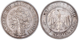 Weimarer Republik

Kursmünzen

5 Reichsmark Eichbaum Silber 1927-1933

1928 A. vorzüglich. Jaeger 331.