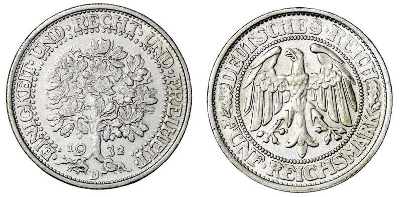 Weimarer Republik

Kursmünzen

5 Reichsmark Eichbaum Silber 1927-1933

193...