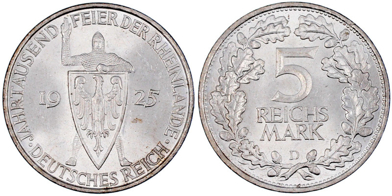 Weimarer Republik

Gedenkmünzen

5 Reichsmark Rheinlande

1925 D. prägefri...