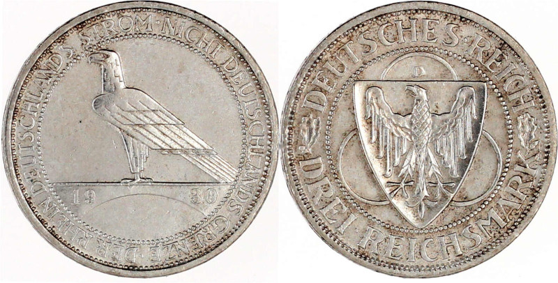 Weimarer Republik

Gedenkmünzen

3 Reichsmark Rheinstrom

1930 D. vorzügli...