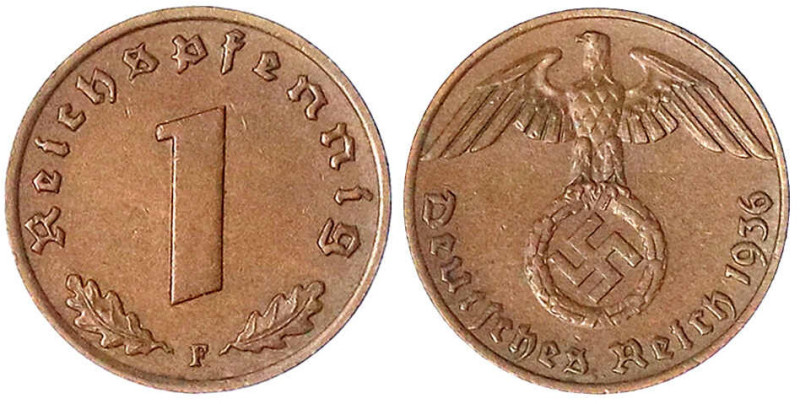 Drittes Reich

Klein/- und Kursmünzen

1 Reichspfennig Hakenkreuz, Kupfer 19...