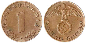 Drittes Reich

Klein/- und Kursmünzen

1 Reichspfennig Hakenkreuz, Kupfer 1936-1940

1936 J. sehr schön/vorzüglich, selten. Jaeger 361.