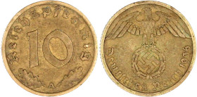 Drittes Reich

Klein/- und Kursmünzen

10 Reichspfennig Hakenkr., messingf. 1936-1939

1936 A. sehr schön. Jaeger 364.