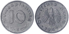 Drittes Reich

Klein/- und Kursmünzen

10 Reichspfennig, Zink 1940-1945

1945 E. vorzüglich. Jaeger 371.
