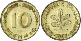 Münzen der Bundesrepublik Deutschland

Kursmünzen

10 Pfennig, messingfarben 1949-2001

1967 G. Polierte Platte. Jaeger 383.