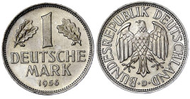Münzen der Bundesrepublik Deutschland

Kursmünzen

1 Deutsche Mark Kupfer/Nickel 1950-2001

1956 D. fast Stempelglanz, Prachtexemplar. Jaeger 38...