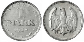 Proben, Verprägungen und Besonderheiten

Weimarer Republik

1 Mark 1924 D, mit stark versetztem Doppelschlag der Rs. (nach oben). vorzüglich/Stemp...