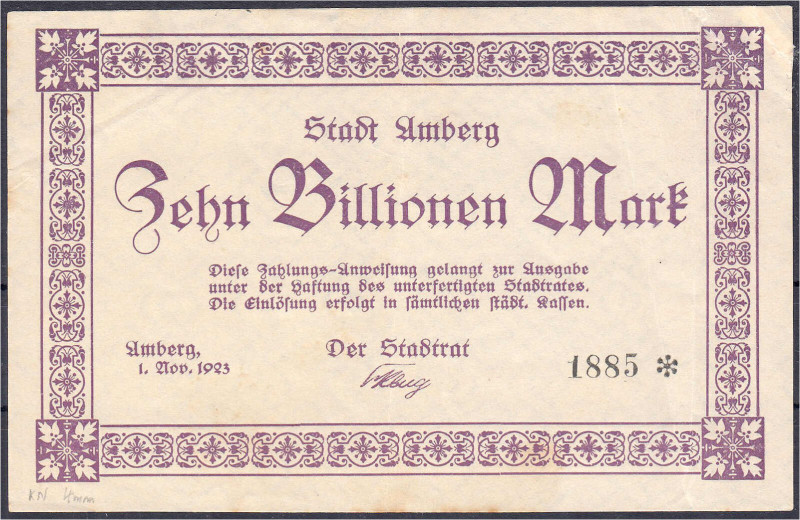 Banknoten

Deutsches Notgeld und KGL

Amberg (Bayern)

Stadt, 10 Bio. mark...