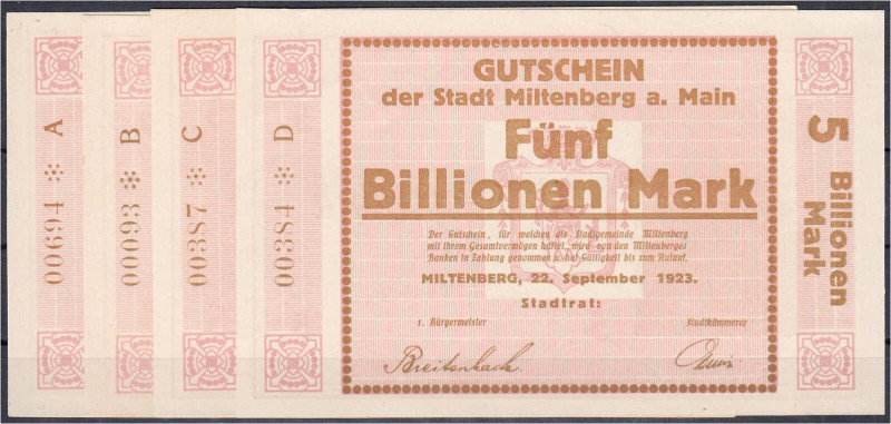 Banknoten

Deutsches Notgeld und KGL

Miltenberg (Bayern)

Stadt, 4x 5 Bio...